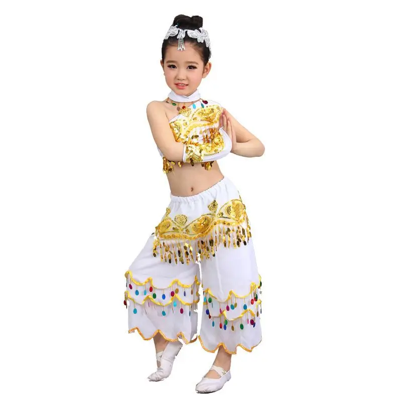 Children Egypt Performance Pratice Clothes Oriental India National Girl Sequins Shoulder Off Tail Belly Skirt Bellydance Costume