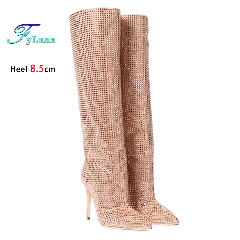 Luxury Rhinestones Blingbling Pointed Long Boots For Women 8.5CM Stiletto Heels Knee-high Model Stage Show Shoes Botas De Mujer