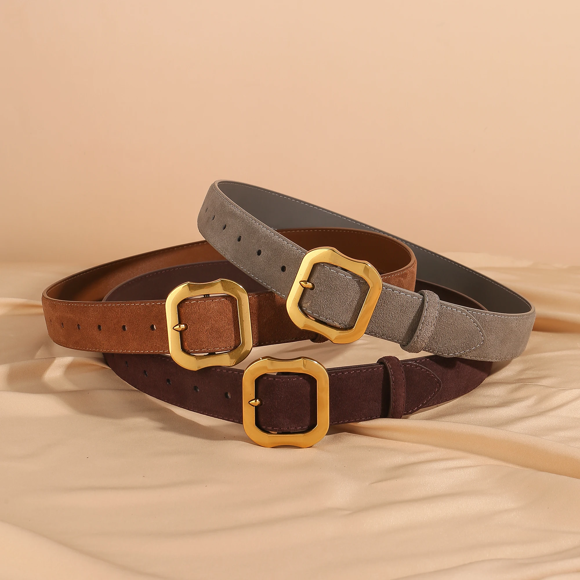 여성용 천연 가죽 벨트, 빈티지 스웨이드 캐주얼 벨트 금색 버클, 청바지 바지 드레스용 패션 액세서리