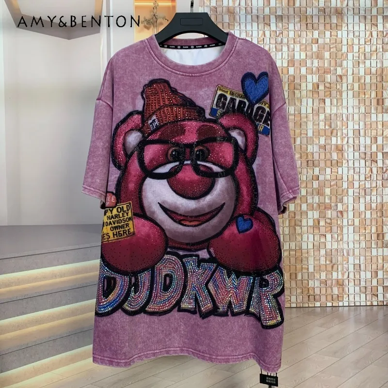 

Trendy Brand New Sweet T-shirt Heavy Rhinestone Cartoon Age-Reducing Mid-Length Fashion Loose Short Sleeved T-shirts For Ladies
