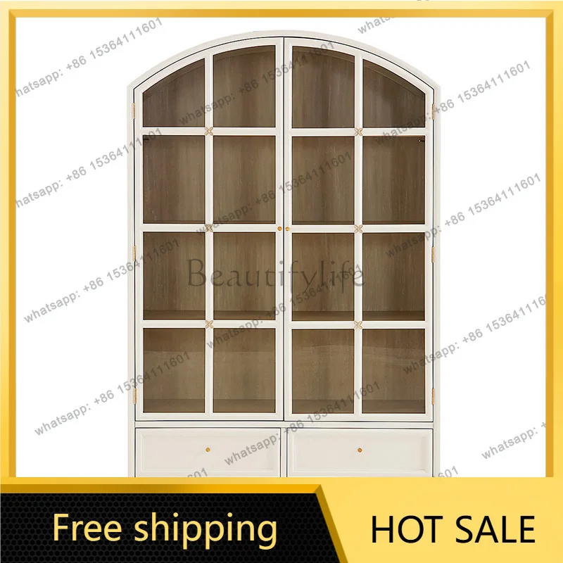 Zj. French retro solid wood bookcase simple living room wall arched display cabinet luxury glass door