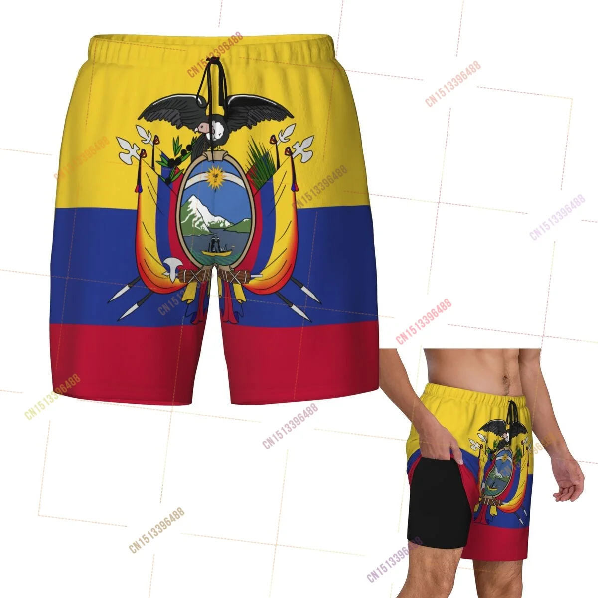 

2026 Ecuador Flag Top Print 3D Mens Swimming Trunks Hawaiian Bathing Beach 2 in 1 Quick-Dry Summer Swim Shorts With Pockets
