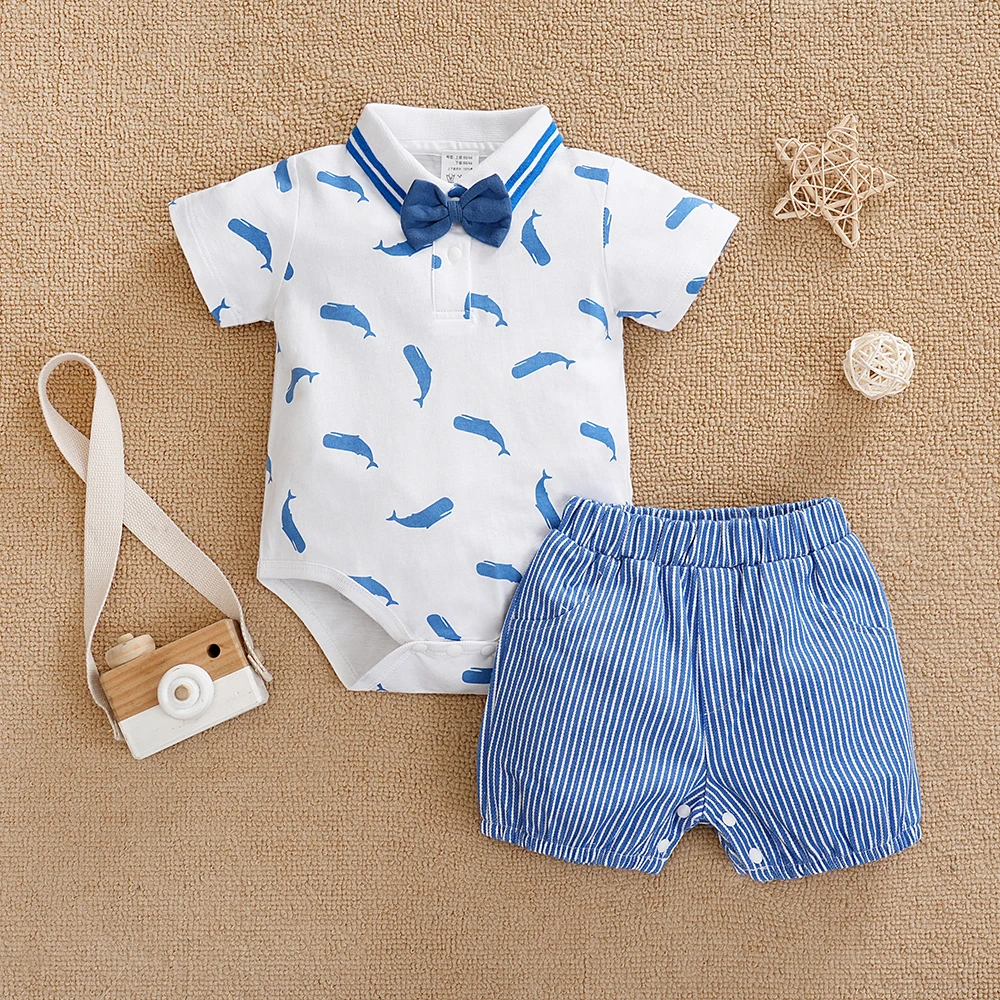 2 pcs Baby Boy Clothes Set Gentleman Style Short Sleeves Cute Whale Print Polo bodysuit + Short