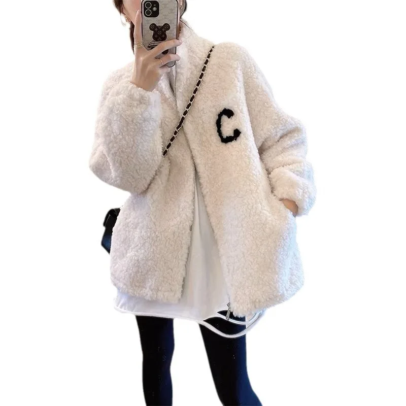 سترة نسائية من الصوف مبطنة بالصوف من الصوف المرجاني ملابس خارجية دافئة للشتاء والربيع