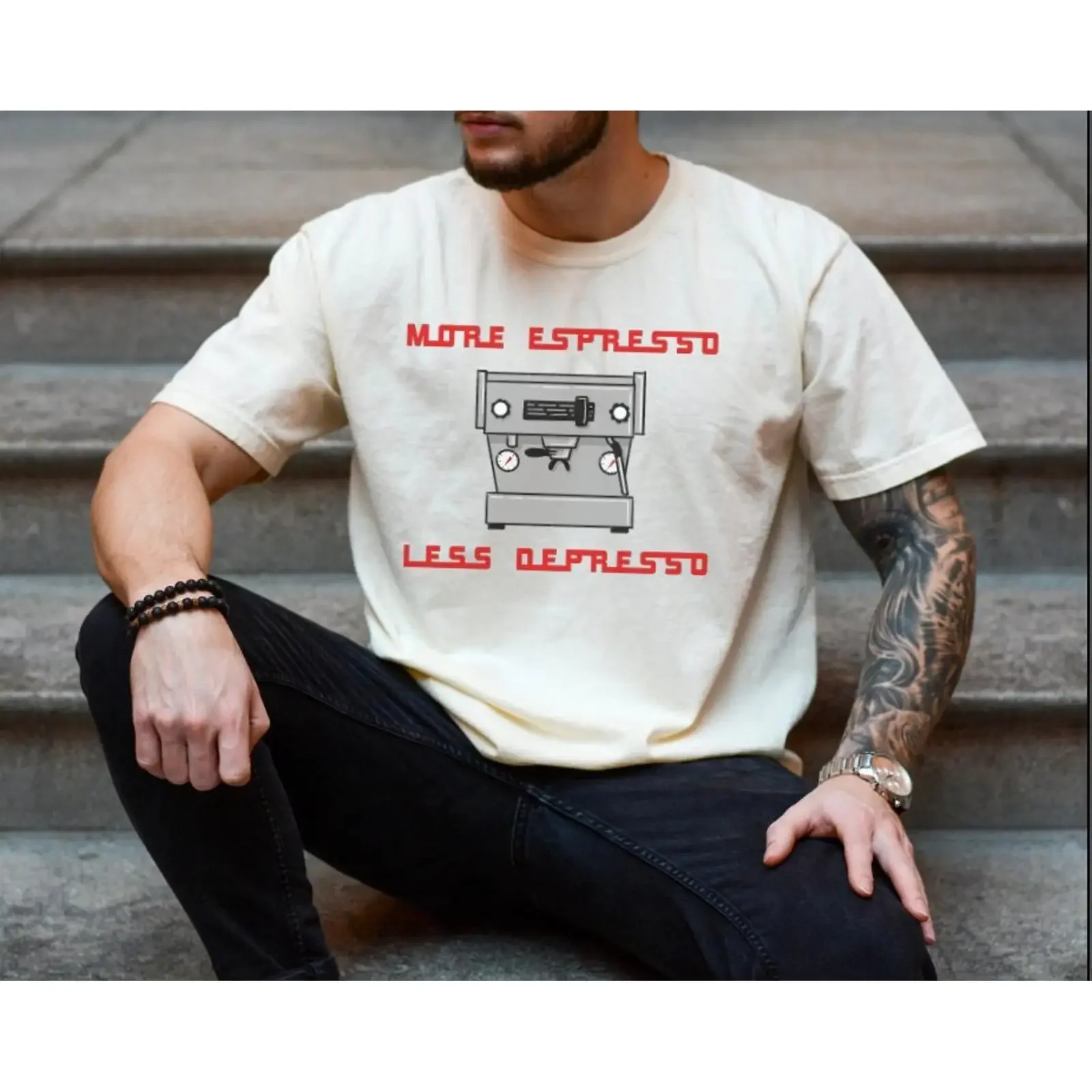 More Espresso Less Depresso Funny Coffee Machine Print T Shirt Garment Dyed Heavyweight Lover vintage Washed Slightly Unisex