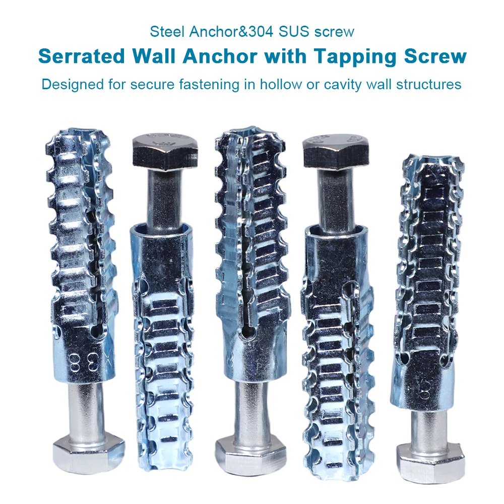 5 sets/bag Heavy Duty Steel Wall Serrated Anchor with Hex Head Screws Set M8 M10 Tree Shaped Hollow Wall Anchor for Concrete
