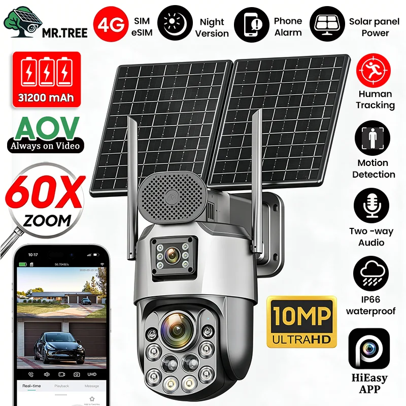 4G SIM Dual Lens Solar Camera AOV 24 Hours Record Built-in 31200mah Outdoor Surveillance 60X Zoom Cam Auto Track 25W Solar Panel