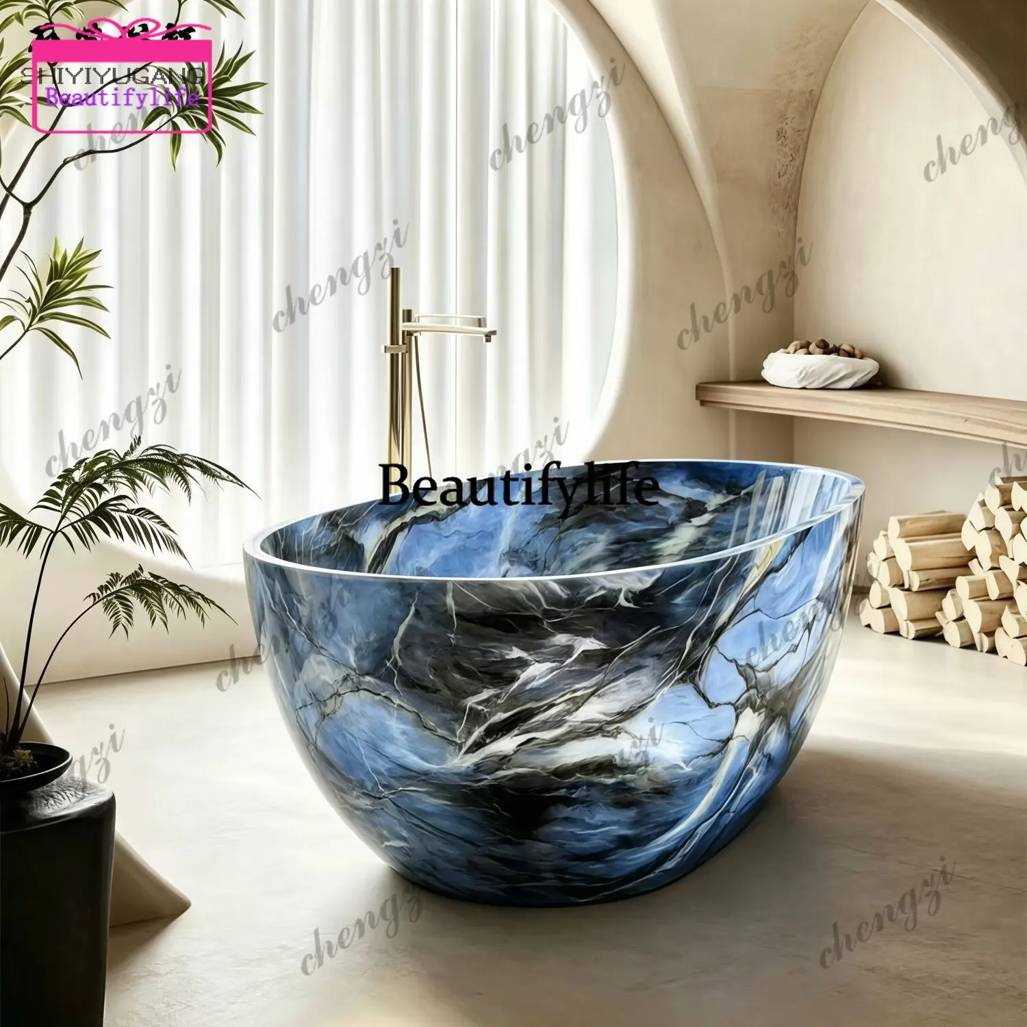 A17 Marble pattern artificial stone oval art bathtub B & B hotel engineering independent double bath