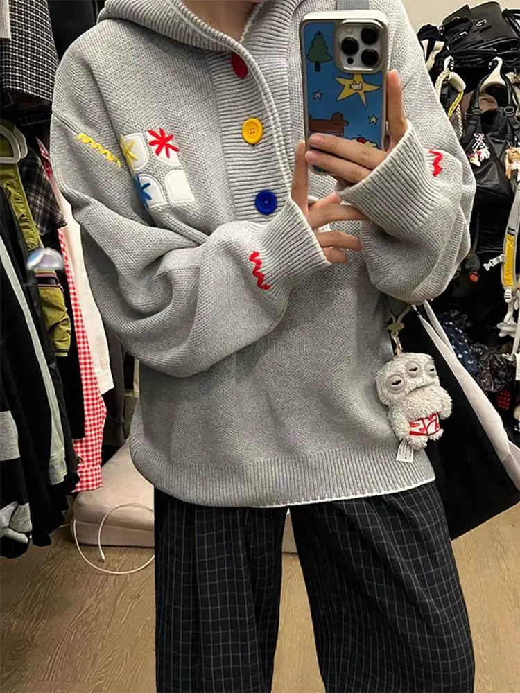 

Ретро-американский вязаный свитер с вышивкой, унисекс, для пар, осенний, повседневный, свободного кроя, с длинными рукавами, создающий ощущение роскоши