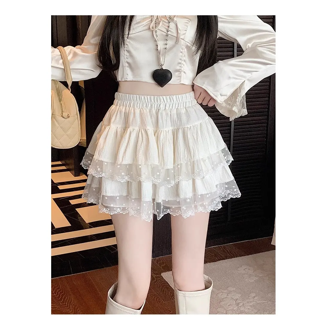 Sweet Ballet Style Ruffle Hem Short Skirt A-Line Silhouette Pleated Slimming Spring Summer New Korean Versatile High Waist Po...