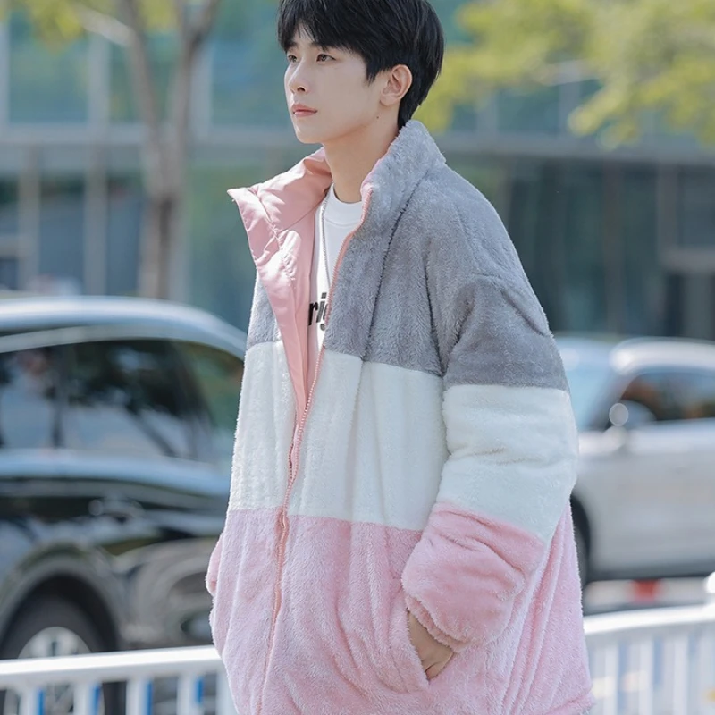 سترة شتوية للرجال ذات وجهين سميكة من القطن بياقة مدورة مخططة من الصوف سترة قطنية مريحة ودافئة وملابس خارجية