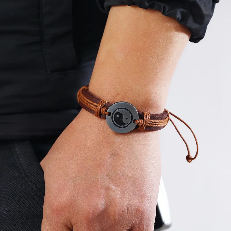 Yin Yang Symbol Adjustable Leather Rope Bracelet Charm Tai-chi Symbol Bracelet Jewelry for Men Women Gift Free Shipping Items
