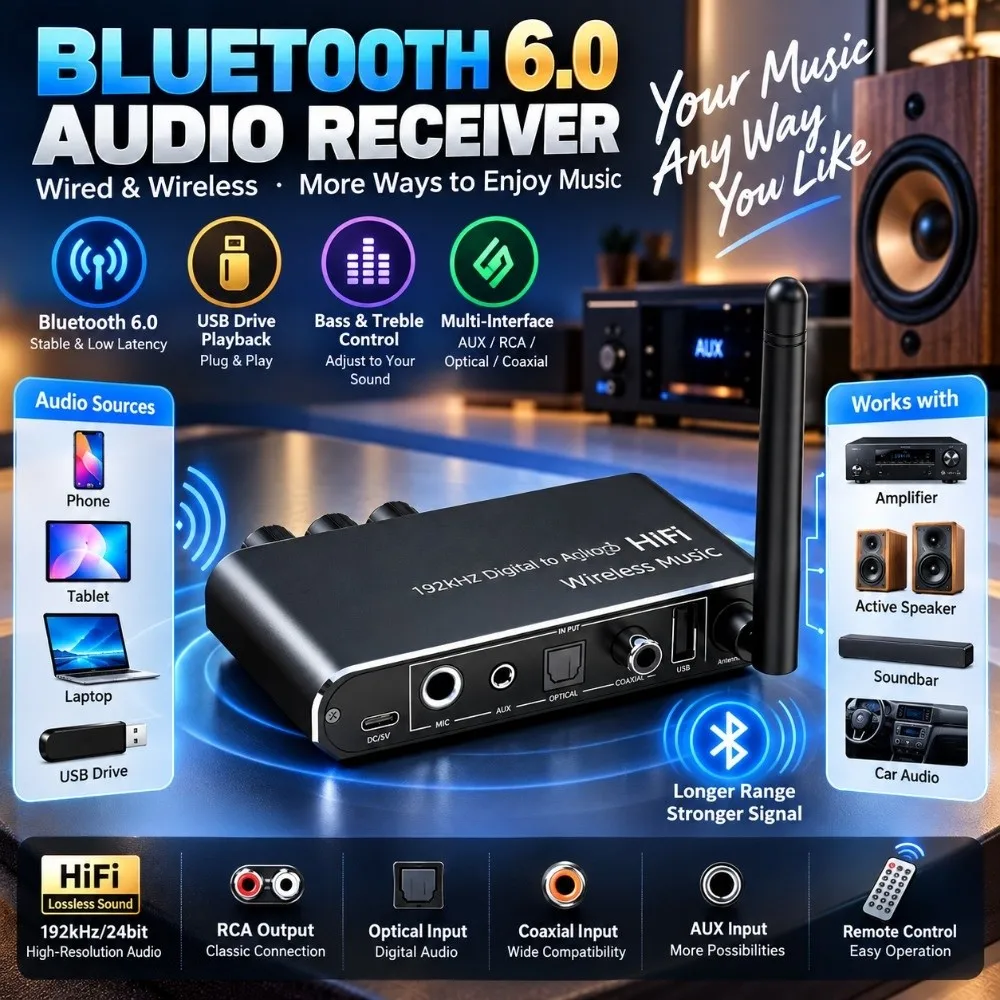 Bluetooth 6.0 Bluetooth Audio Receiver USB Playback Multi-Input RCA Bluetooth Adapter Bass Control IR Remote