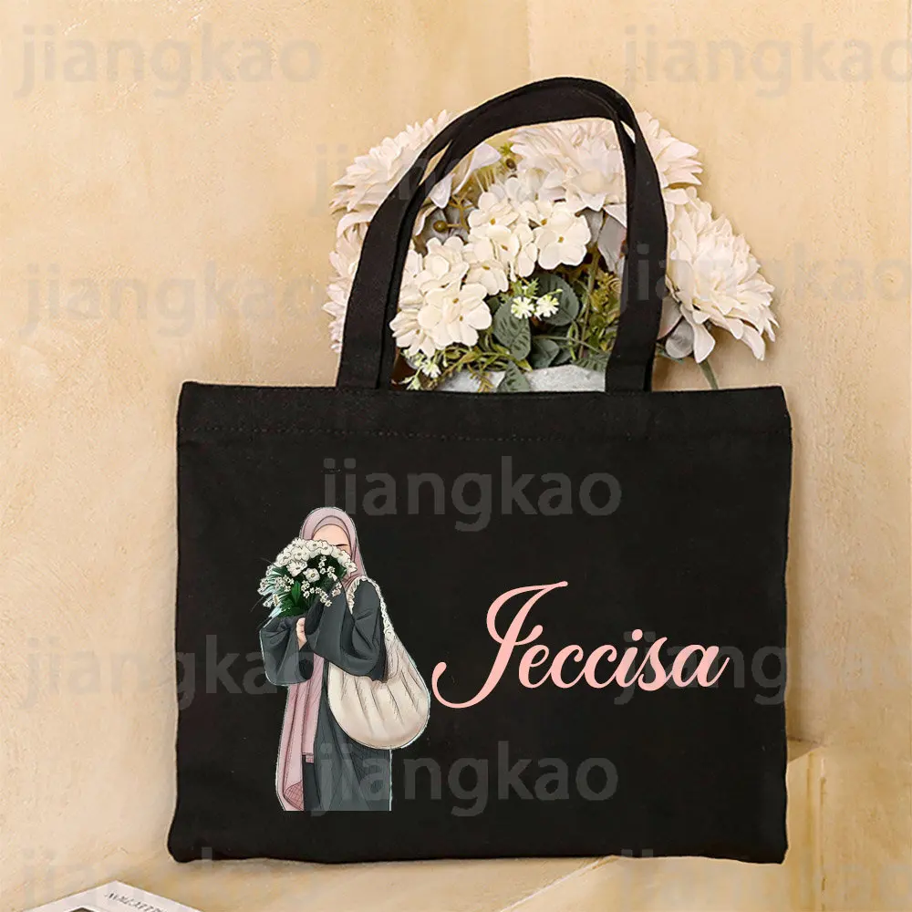 Personalised Hijabi Girl Tote Bag Female Travel Canvas Bags Muslim Girl Gift Custom Name Shoulder Bag Harajuku Handbag Eid Gifts