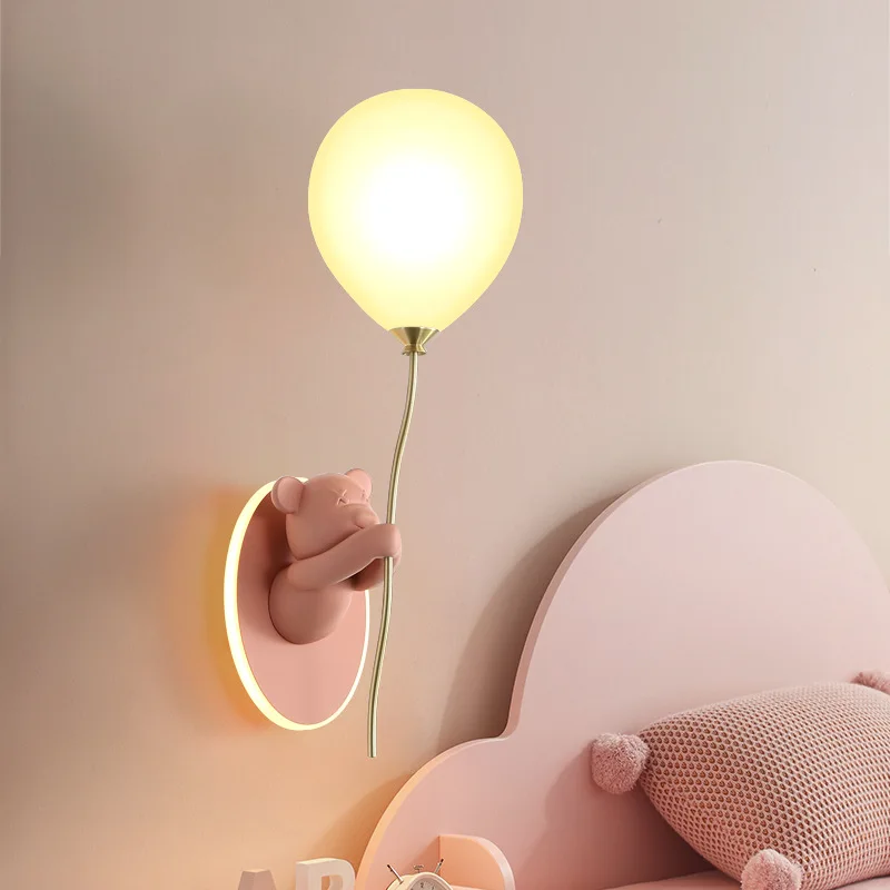 Pink Balloon Bear Wall Lamps Cute Children's Room Lamp Modern Warm Princess Room Nursery Girl Boy Bedroom Bedside Wall Lights