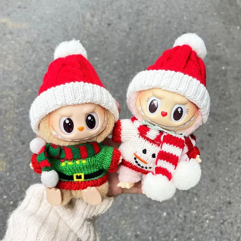 17cm baby clothes macaron sit party Christmas hairball hat clothes for labubu winter cloth sweater