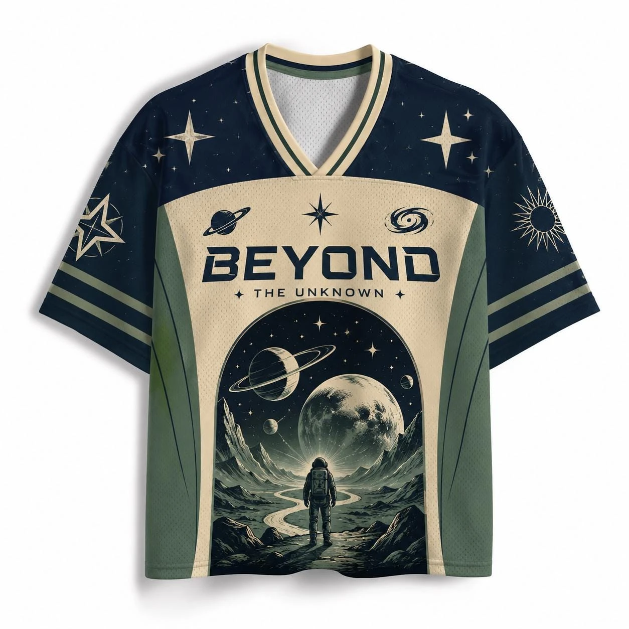 Neuestes Unisex Vintage T-Shirt mit Weltraum-Astronauten- und Planeten-Print, trendiges urbanes Street-Style V-Ausschnitt Kurzarm-Freizeit-Oberteil – Detail 6