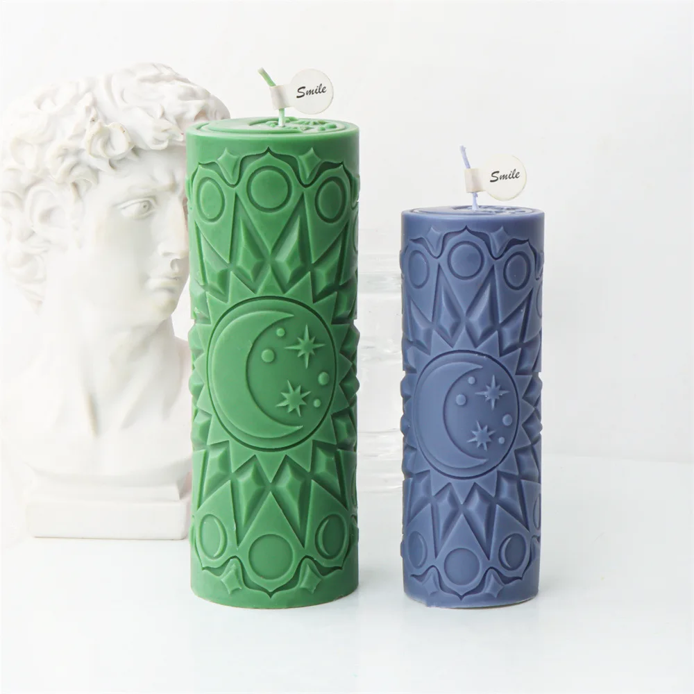 Sun Moon Relief Sculpture Cylinder Roman Column Candle Silicone Mold Sun Flower Pattern Cylinder Candle Mold Resin Gypsum Mold