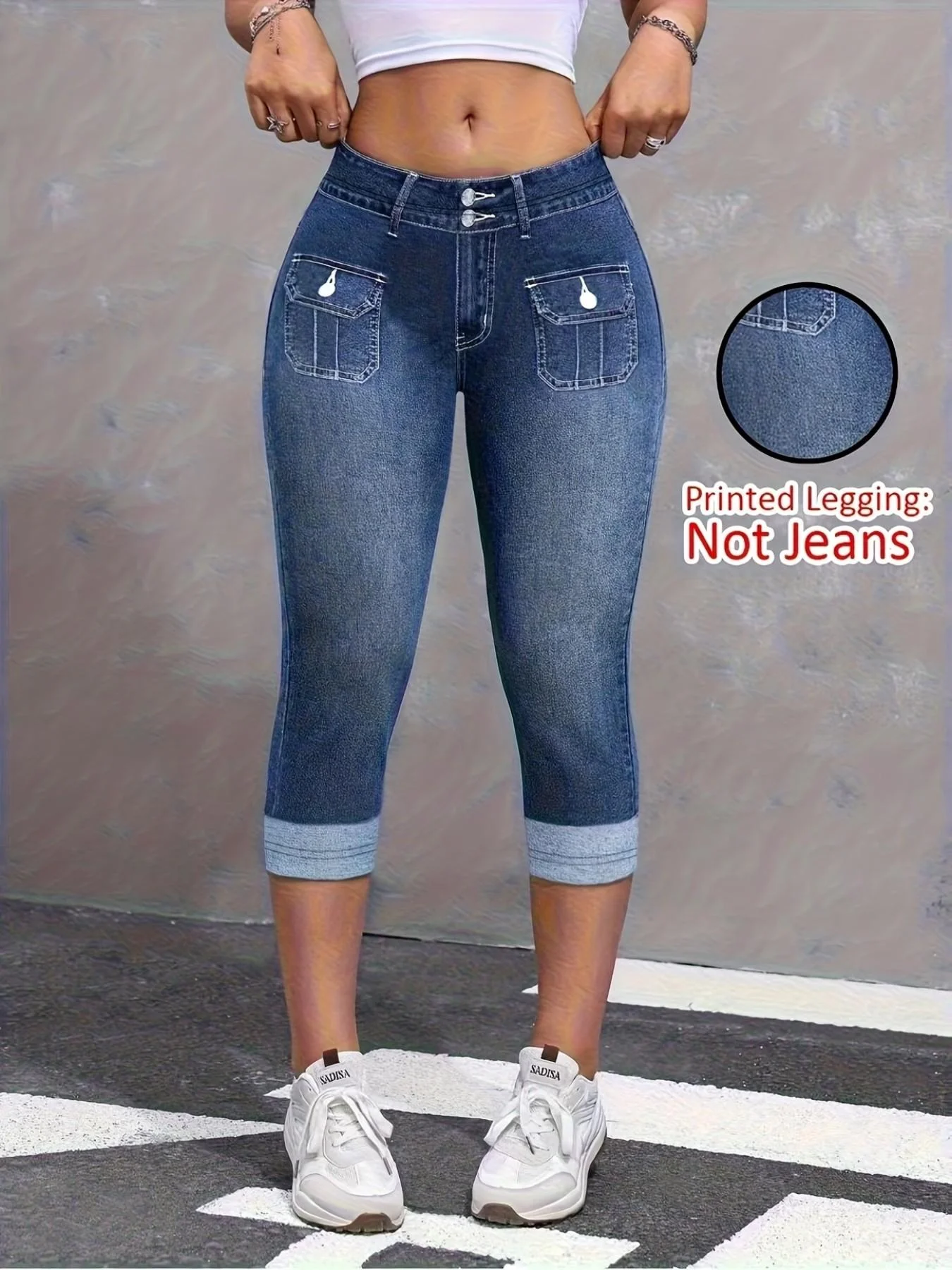 7188 Women's Faux Denim Printed Capri Leggings, Non-Denim Casual Skinny Pants, Thin Breathable Sports Casual Yoga Pants