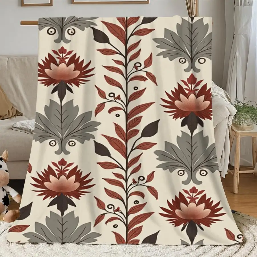 1pc Premium Warm Flannel Blanket Suitable for All Seasons - Terracotta & Beige Soft Bedspread with Vintage Vine Pattern, Cozy Throw for Couch, Bed, | Contemporary Bedding Decor, Holiday Gift Choice for &