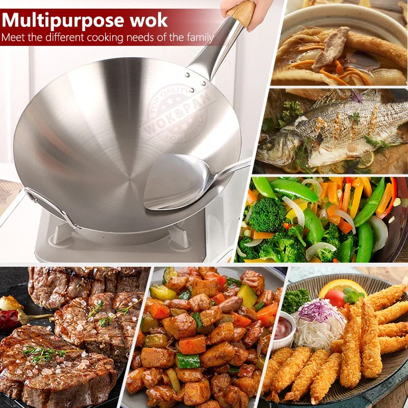 Stainless Steel Chef Cooking Wok Beech Anti-Scald Handle Round Bottom Kitchen Cookware for Gas Stoves 32cm
