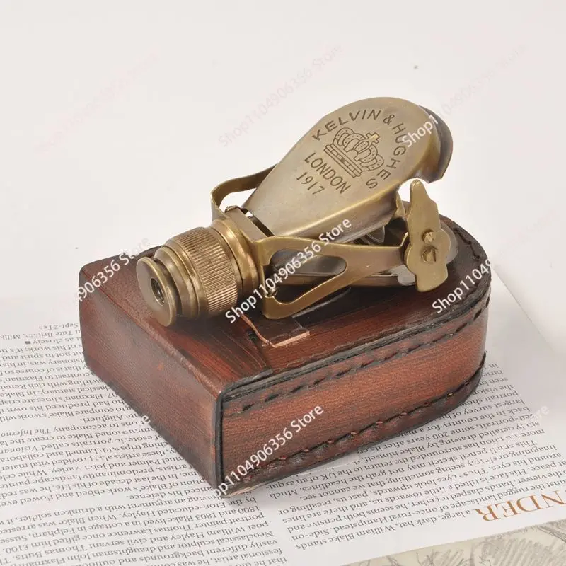 Antique nautical theme creative pure brass monocular telescope props ornament with leather case collection creative gifts
