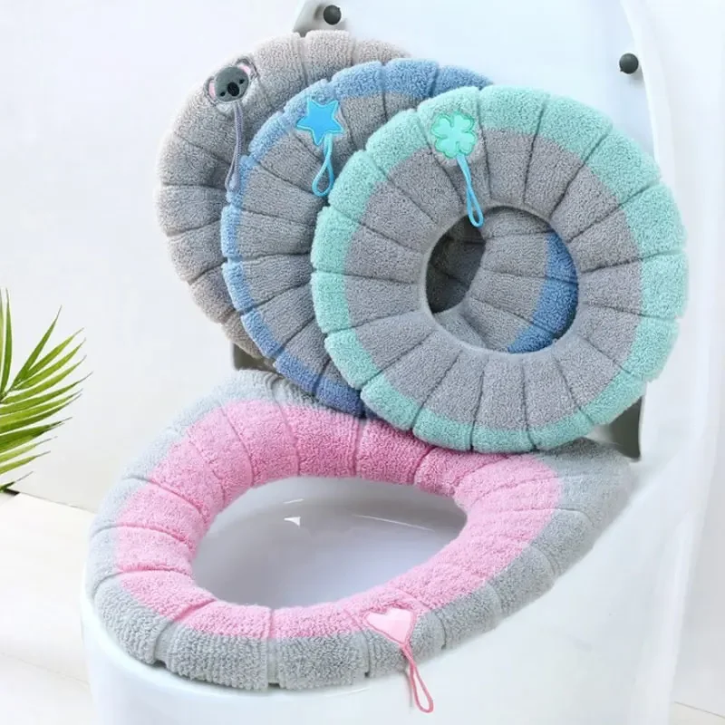 Winter Warm Toilet Seat Cover Washable Bathroom Toilet Pad Cushion With Handle Thicker Soft Mat Knitting Warmer Closestool Mat