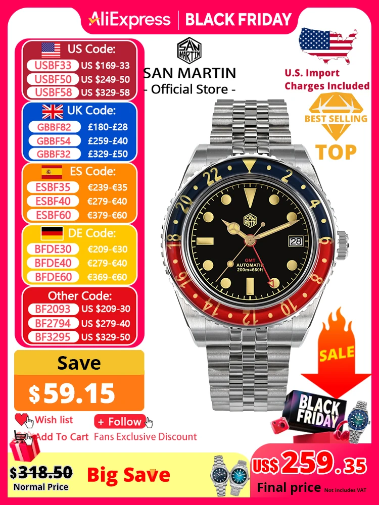 

San Martin NH34 40 мм GMT Роскошный спортивный стиль полностью светящийся двунаправленный сапфировый безель автоматические механические часы 20 бар SN0005