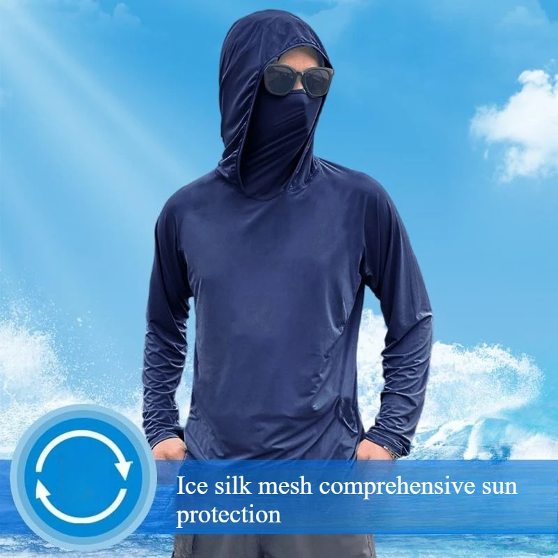 Summer Men's Hooded Sunscreen Clothing Long Sleeves Ultra-thin Ice Silk Coolchill Fabric Outdoor Cycling Fishing Mesh Pullover