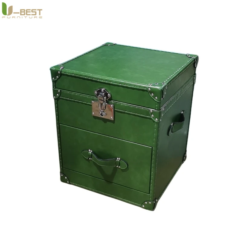 U-best Travel Trunk Cabinet Coffee Shop Leather Chest Center Table Drawers Canvas American Vintage Leather Storage Trunk