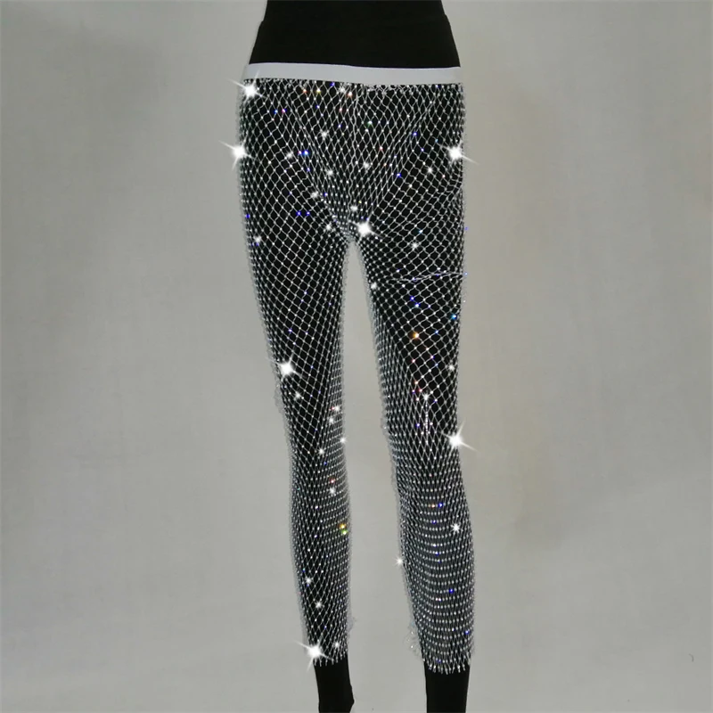 Neue Kristall Diamant Glänzende Frauen Hosen Sommer Sexy Aushöhlen Elastische Fishnet Hosen Mode Durchsichtig Beachwear 2022 – Detail 8