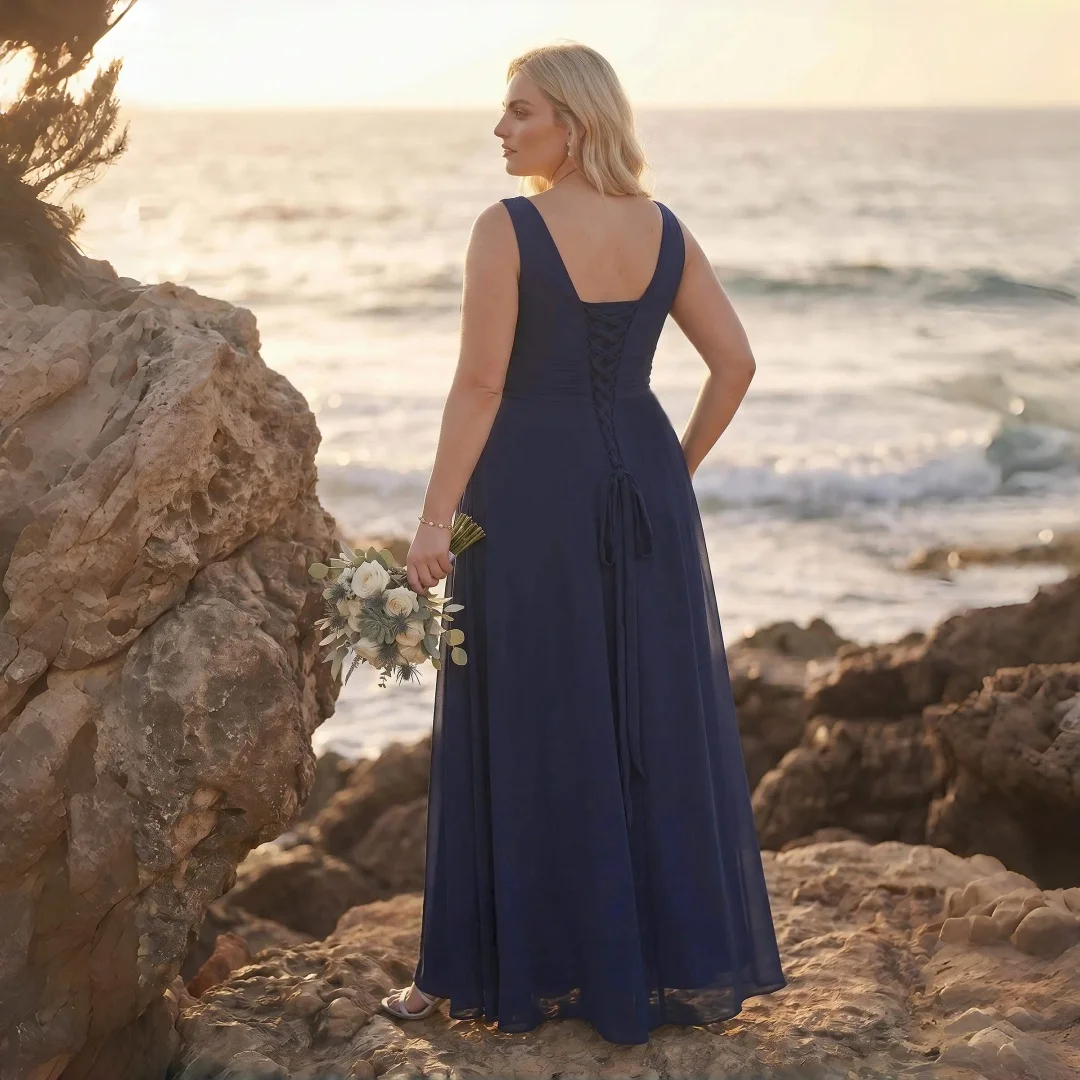Navy Blue Plus Size Chiffon Bridesmaid Dresses Sleeveless Deep V Neck Cross Ruched Bodice High Slit A Line Floor Length Gown