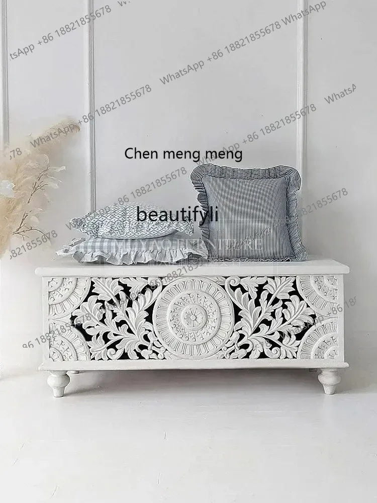 D178 H French retro style storage shoe changing stool solid wood hollow carved door sofa stool shoe cabinet integrated