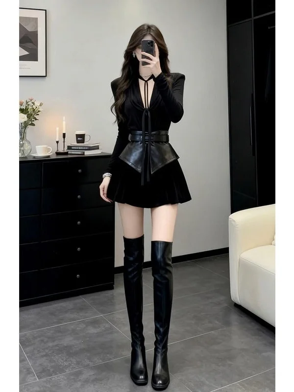 

plus Size Women's V-Neck Long Sleeve Slimming Top High Waist Versatile Midi Skirt Set Spring Fashion Casual Comfortable Fit