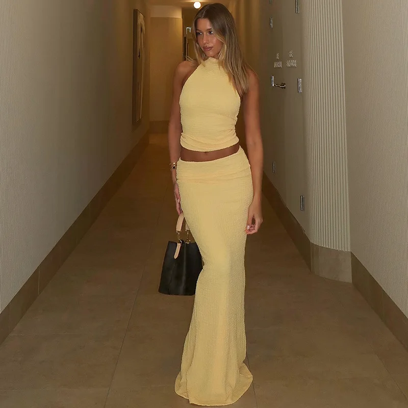 

Women Solid Shirring Fashion 2 Piece Set Lace Up Halter Backless Tank Crop Tops + Split Bodycon Maxi Skirts Holiday Party Suits
