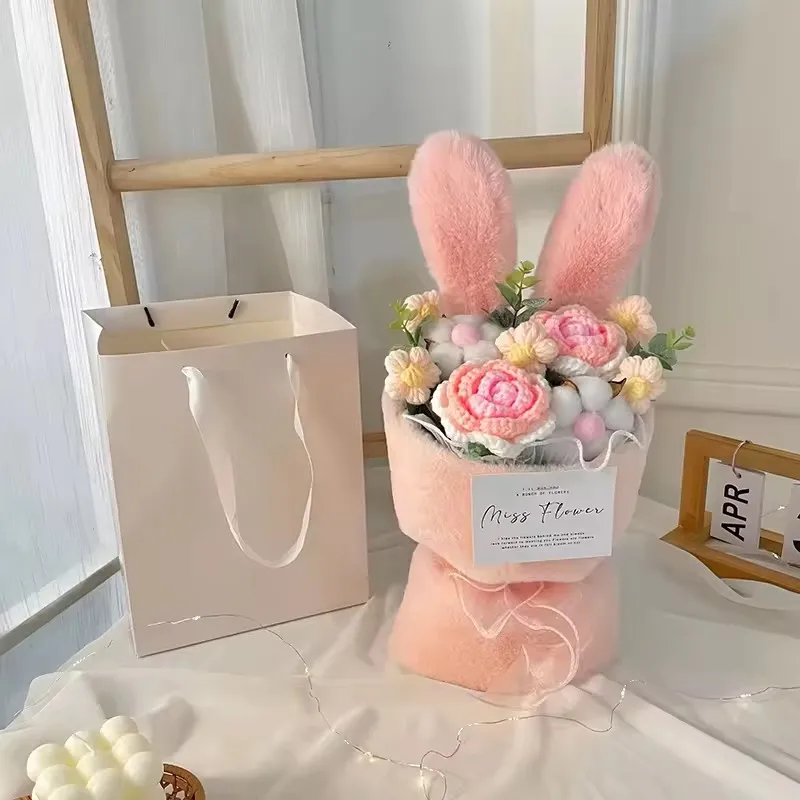 Cotton Rope Artificial Roses Bouquet Handmade Rabbit Ear Knitted Plush Flower Bundle Valentine Mothers' Day Birthday Gifts 1PC