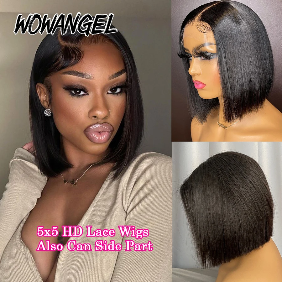 Wow Angel 13x4 HD Lace Full Frontal Short Bob Wigs Straight Human Hair Wigs 5x5 Lace Closure Bye Bye Knots Wigs Brazilian Hair