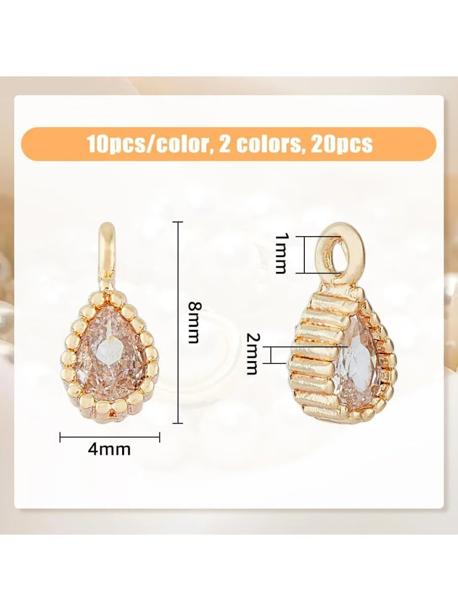 20Pcs 2 Colors Cubic Zirconia Charms 8mm Alloy Drop Pendants Rhinestone Tear Pendants Crystal Dangle Pendants Real Gold Platinum