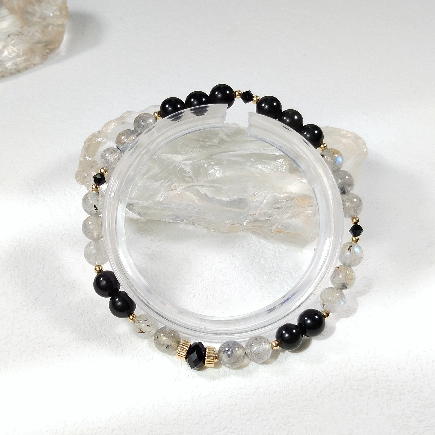 Lii Ji Natural Stone Rainbow Obsidian Labradorite 6/8mm With Crystal American 14K Gold Filled Elastic Bracelet