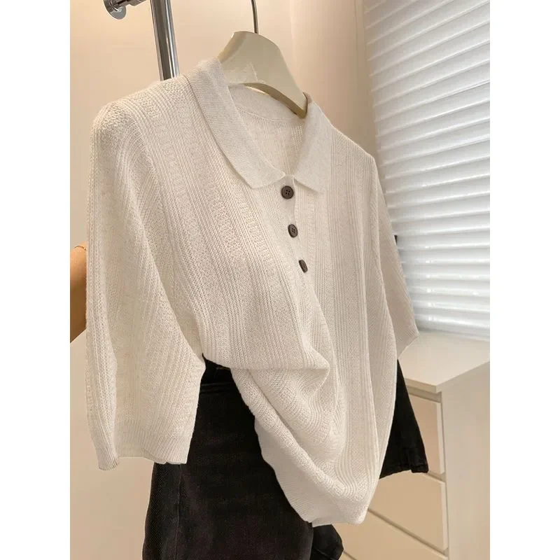 

Льняная футболка с воротником-поло и короткими рукавами, женская летняя новая универсальная трикотажная футболка из ледяного шелка, тонкий топ