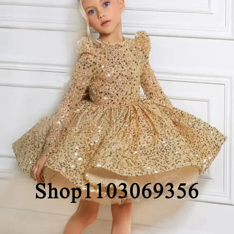 Gold Sequin Luxury Flower Girl Dress Long Sleeves Puffy Baby Girl Pageant Birthday Party Wedding First Communion Holiday Gown