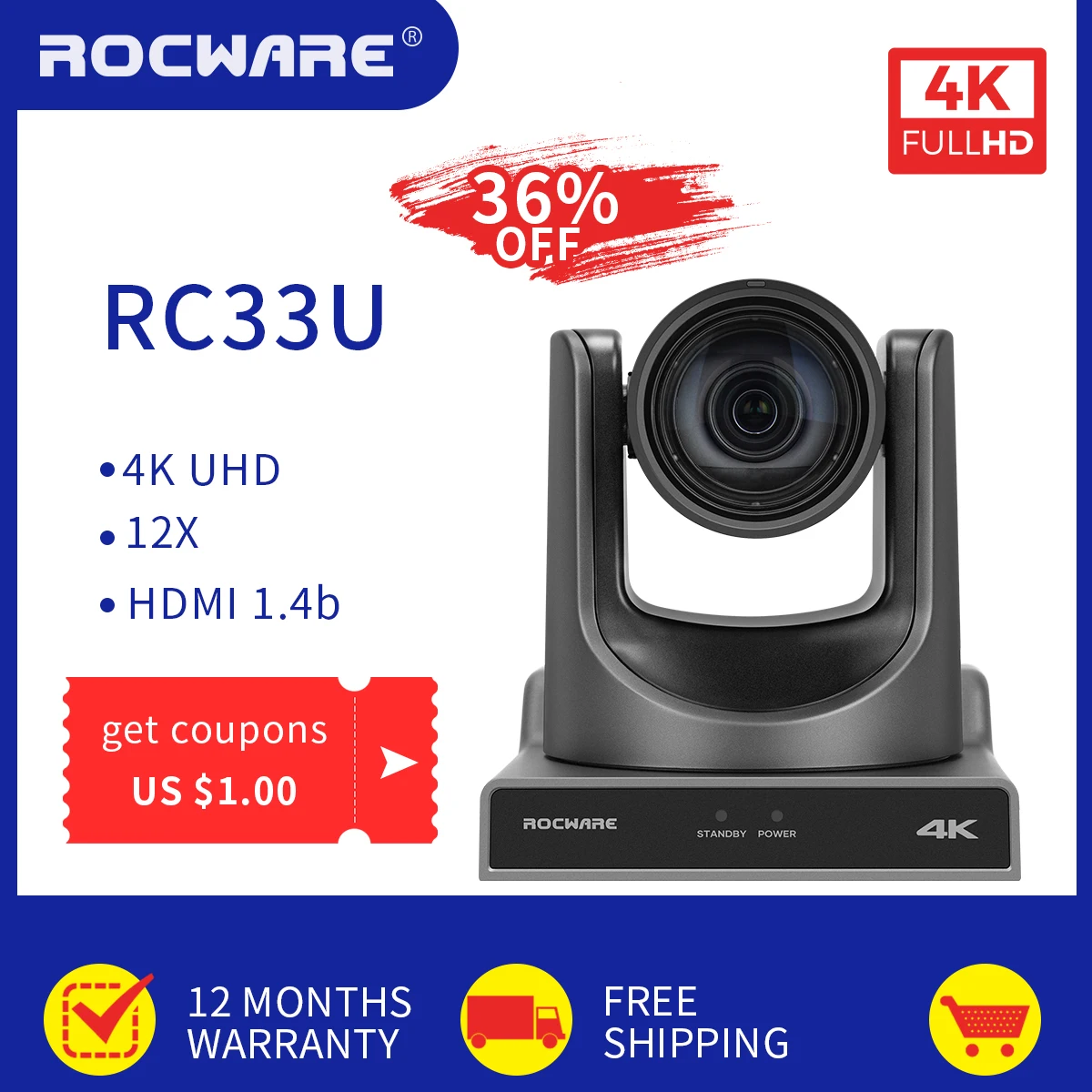 ROCWARE RC33U 12X Optical Zoom USB PTZ Video Professional IP Live Streaming Camera for Broadcasting Video Conference Solution