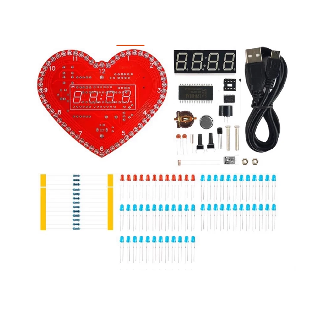 DIY Electronic Kit Multi-function Heart-Shaped LED Clock 4-digit Digital Tube Display PCB Soldering Practice Kit Micro USB DC 5V