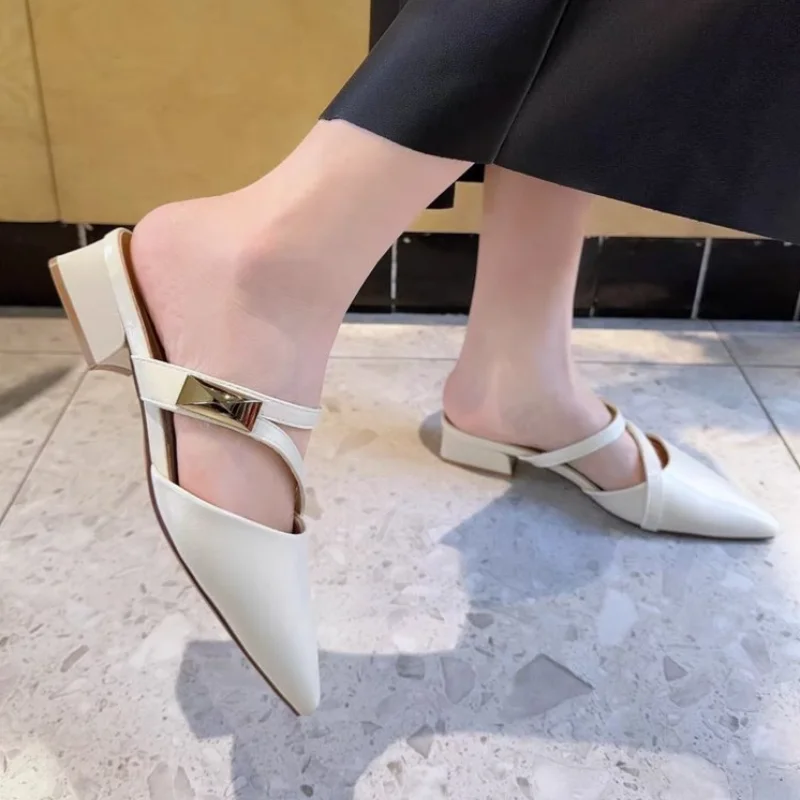 Women Summer Sandals 2026 New Fashion Pointed Toe Slip On Mules Low Block Heel Metal Buckle Backless Casual Office Shoes view 5