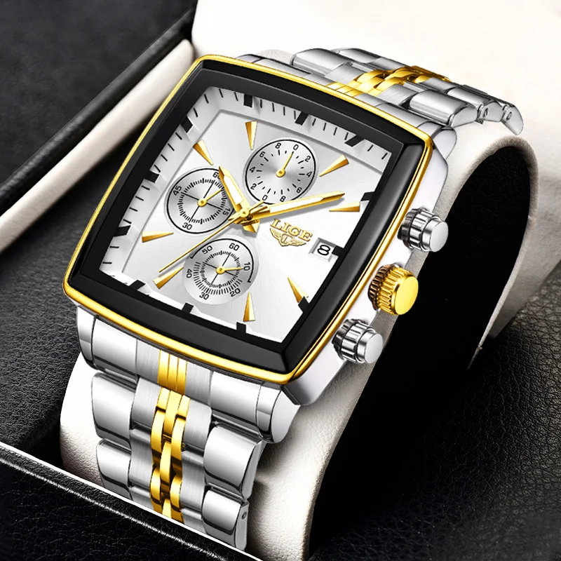 

LIGE модные мужские часы светящийся водостойкий хронограф дата мужские наручные часы квадратные светящиеся кварцевые мужские часы Relojs + коробка