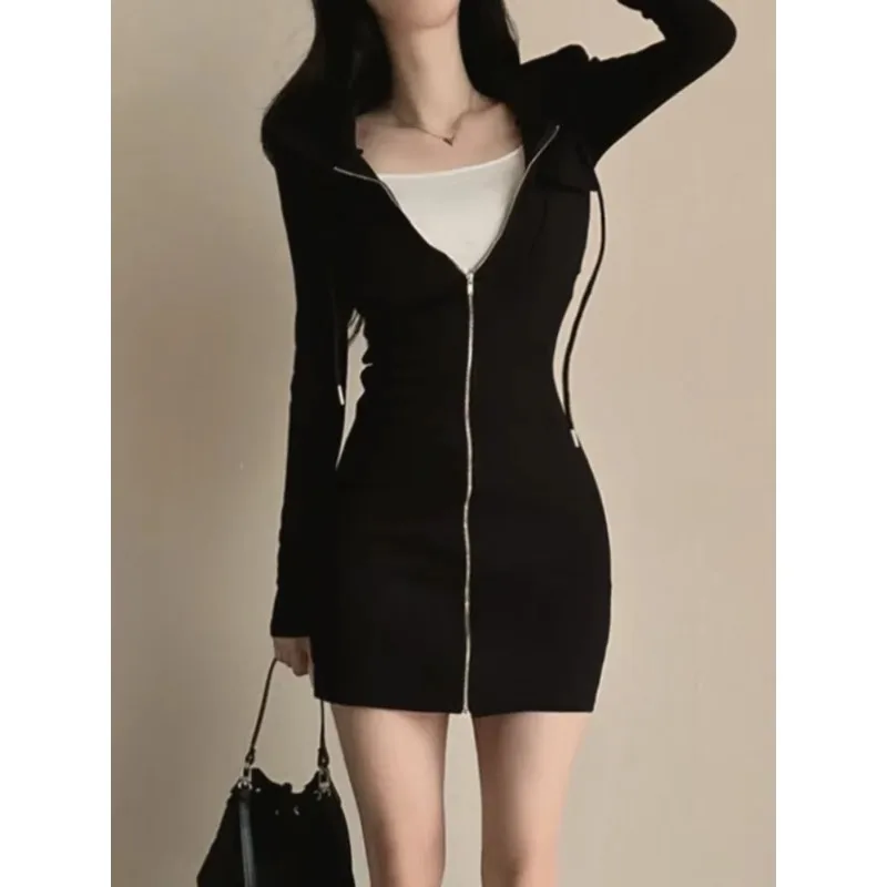 New Vintage Aesthetic Elegant Hooded Dress Women Street Pastel Fairycore Grunge Zip-up Pockets Long Sleeve Bodycon Dresses