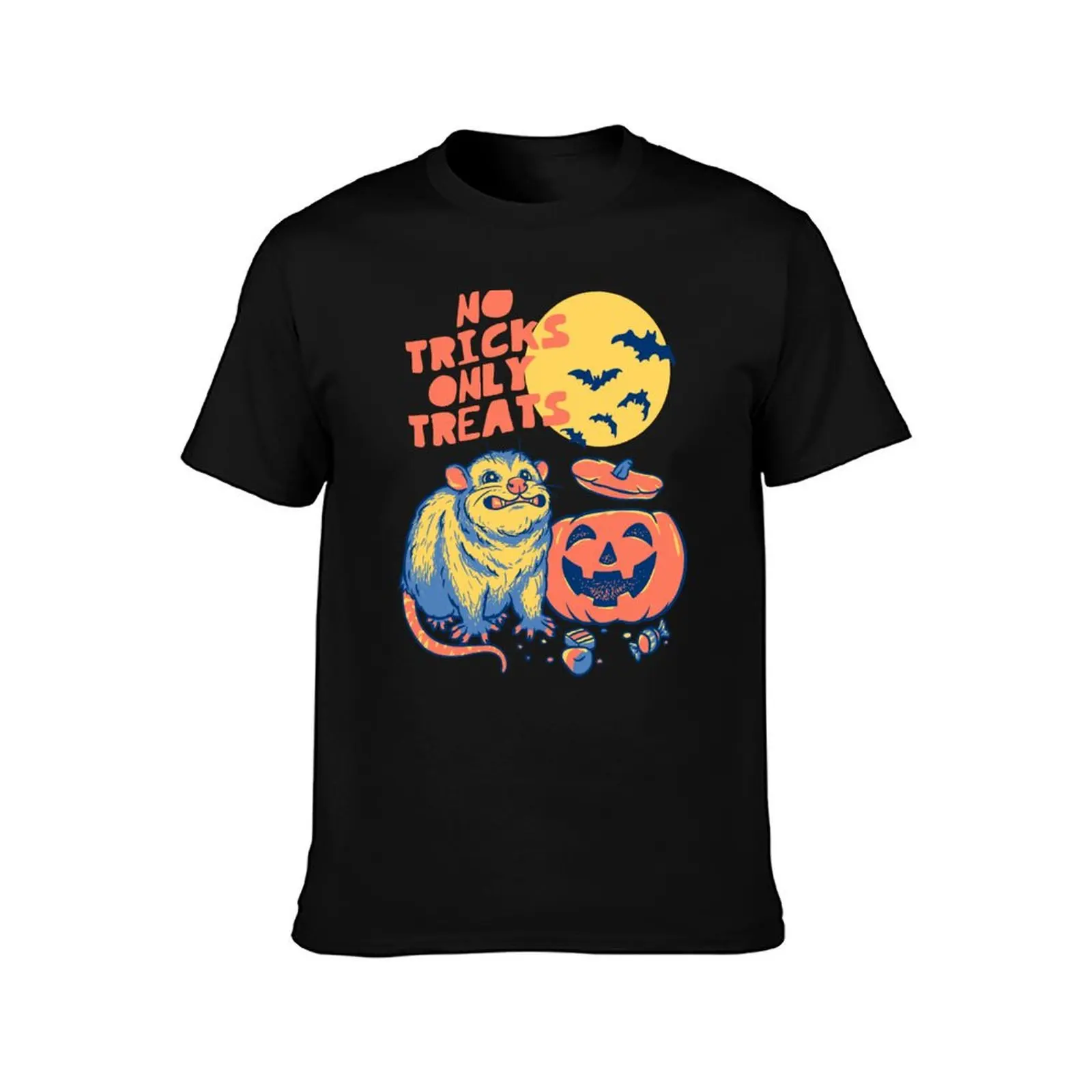 Halloween Possum No Tricks Only Treats Opossum Eating Pumpkin White BG T-Shirt Basic Plain Short Sleeve Crew Neck Tee T-Shirt