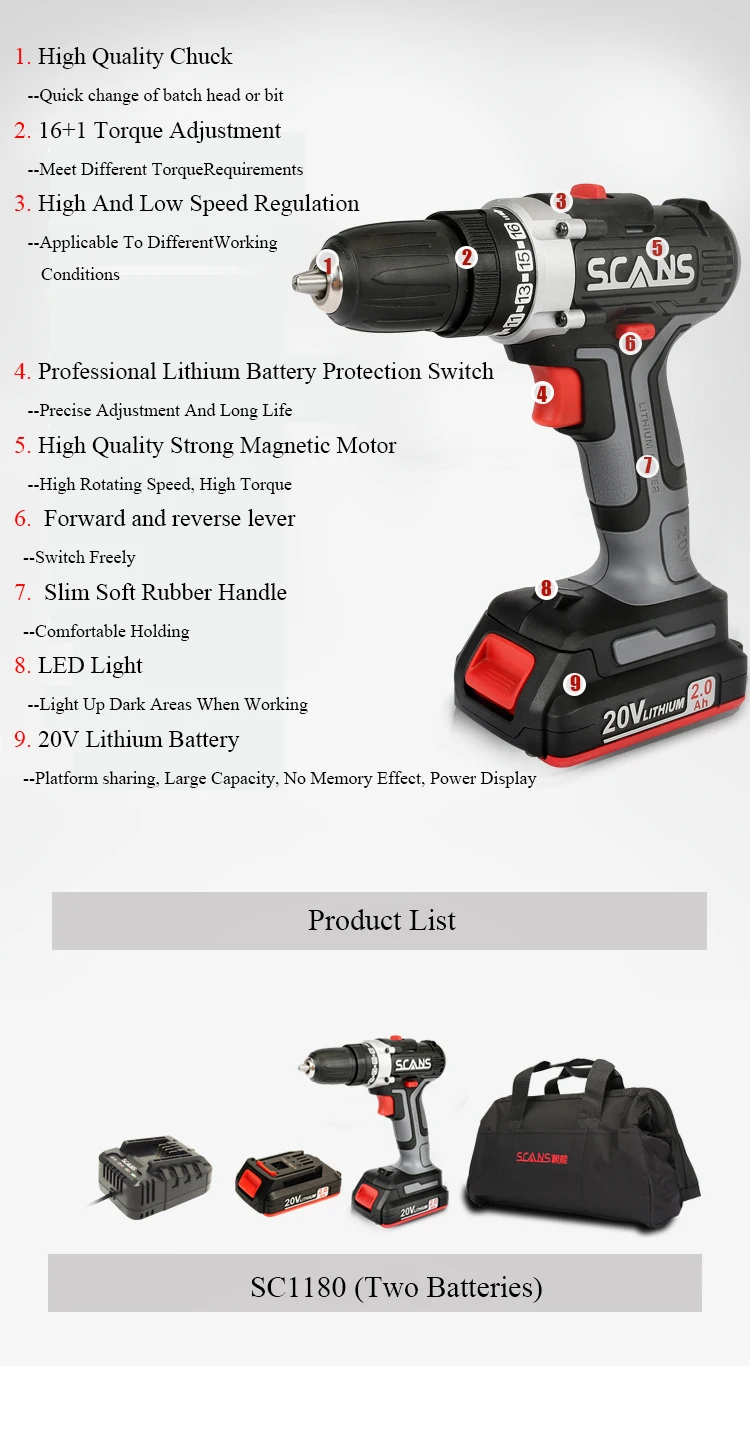 SCANS SC1180 Professional Tool 20V Cordless Electric Screwdriver Cordless Drill Li-ion Battery Dual Speed Free Return