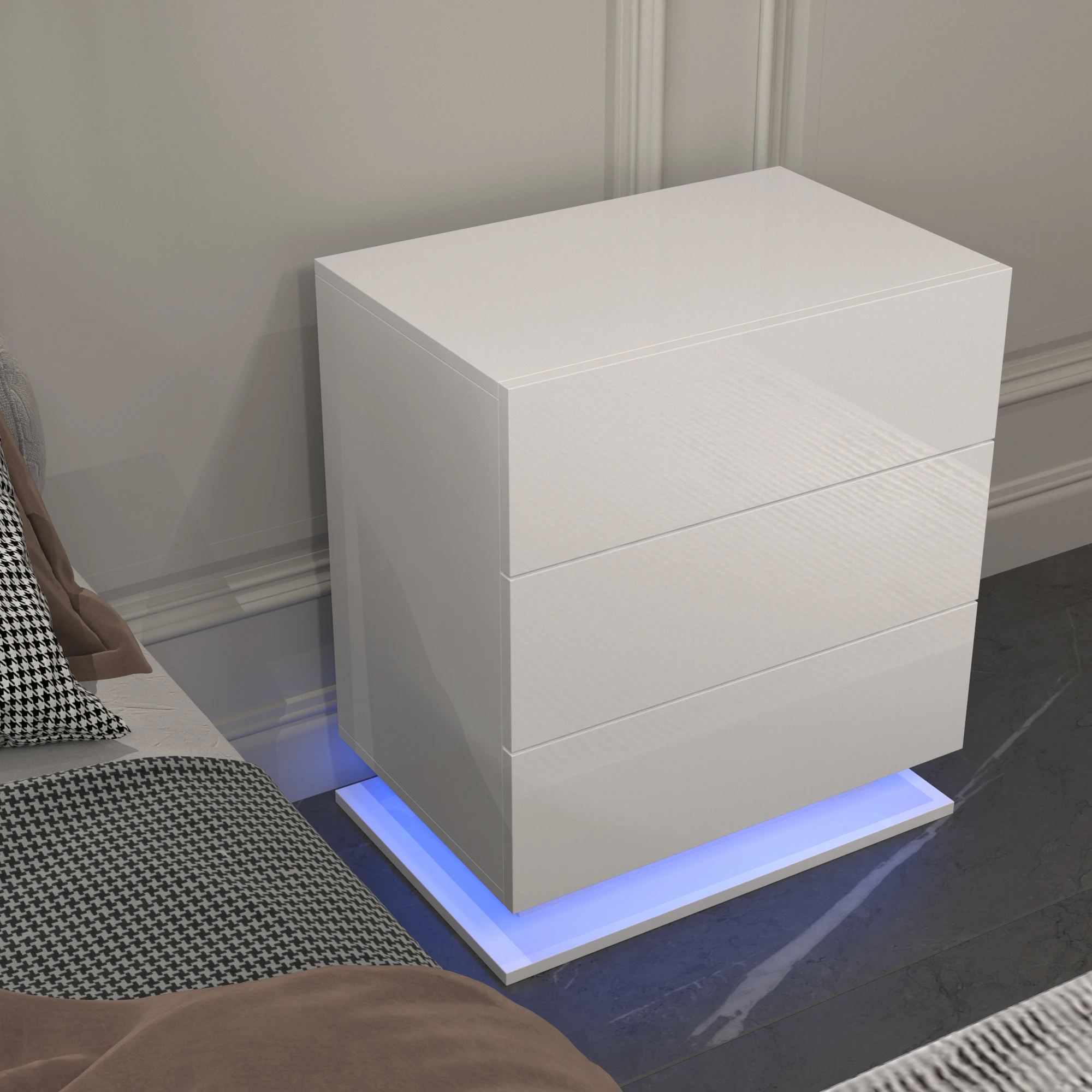 LED Nightstand with 3 drawers,White bedside Table ,Modern End Side Table for Bedroom image 3