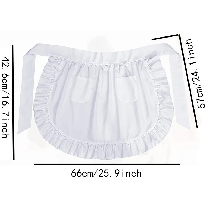 Half Waist Maid Apron Solid Color Ruffled Hem Double Pockets Adjustable Role-playing Party Costume Accessories